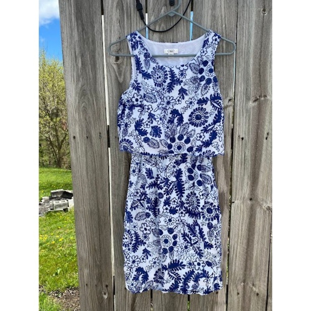 Cato Womens Blue White Floral Block Print Popover Cotton Sleeveless Dress 6